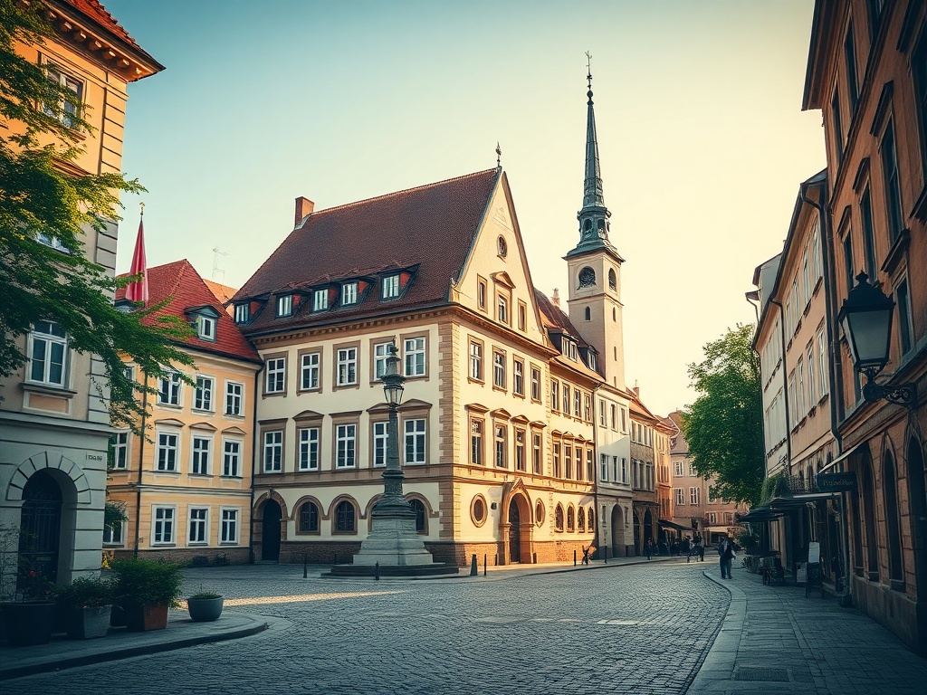 Widok na historyczną zabudowę Miasteczka Śląskiego z elementami industrialnymi w tle.