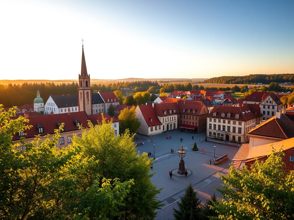 Malowniczy widok na rynek Miasteczka Śląskiego z zabytkowymi budynkami.